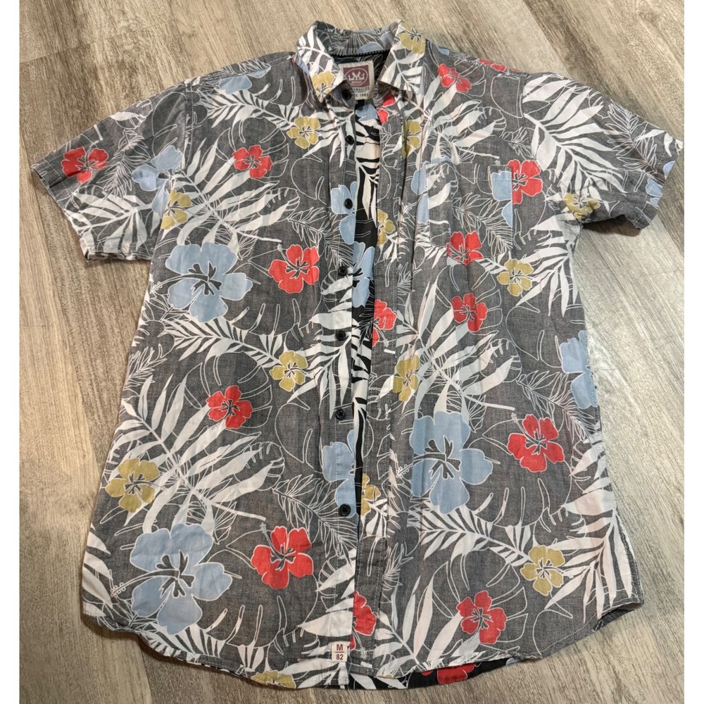 Micros Los Angeles Mens Small Gray Tropical Floral Palm Short Sleeve Button Down